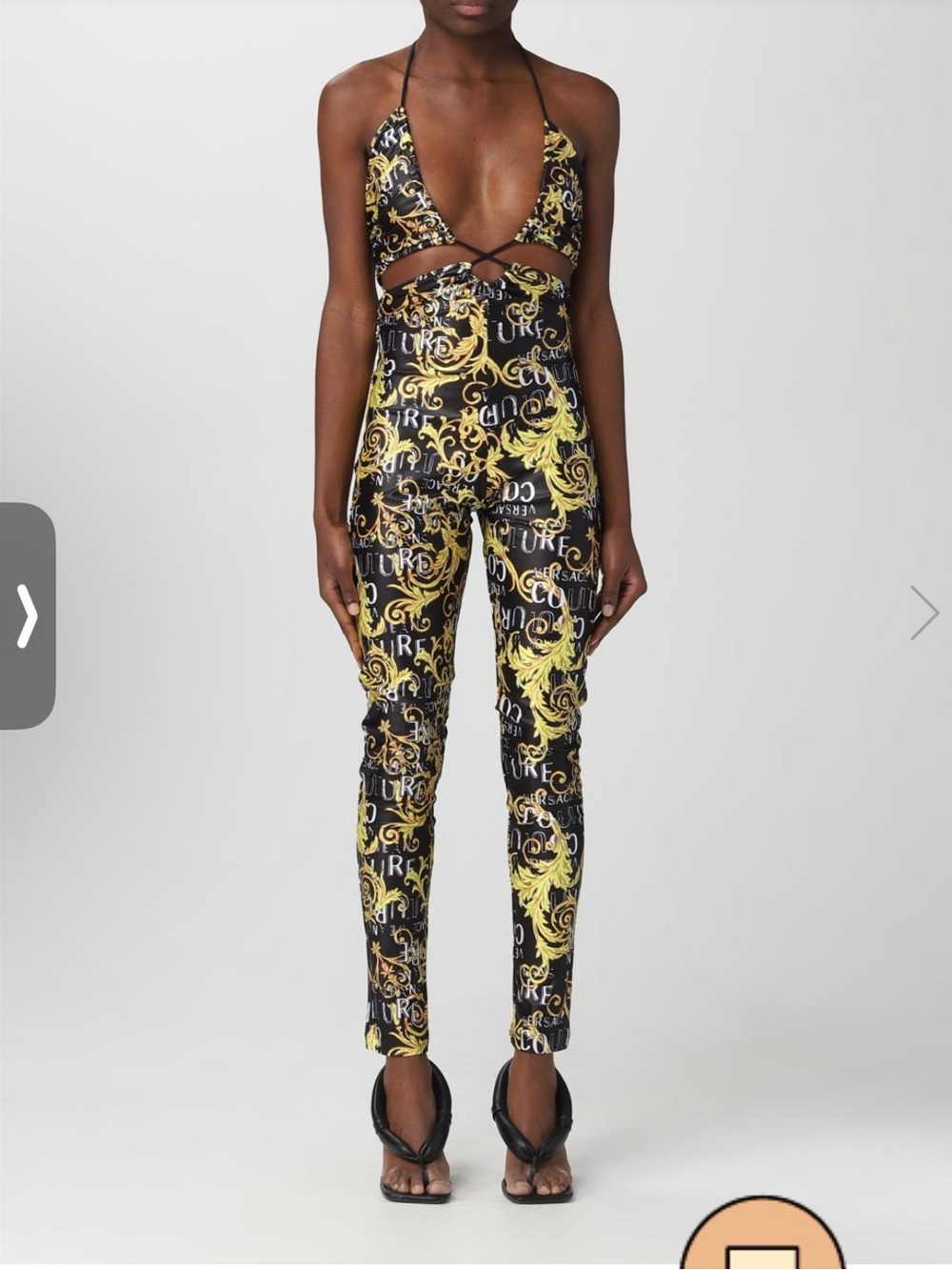 Versace Black & Gold Baroque Cutout Halter Jumpsuit